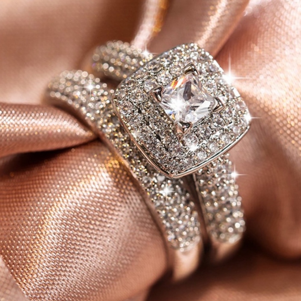 NEW💍925 Sterling Silver 2PC Diamond Halo Ring Set - Picture 2 of 10